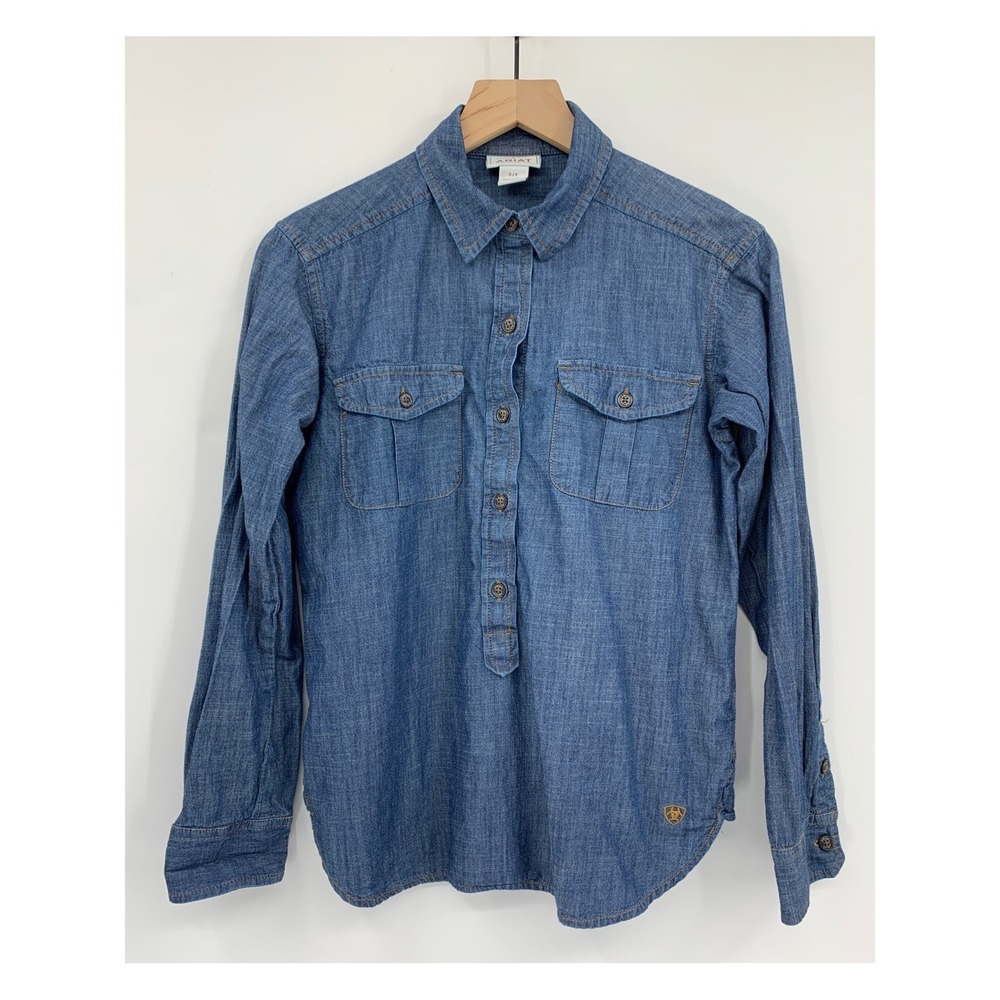 Ariat Denim Shirt Womens Small Blue Chambray Long Sleeve‎ Western Pullover